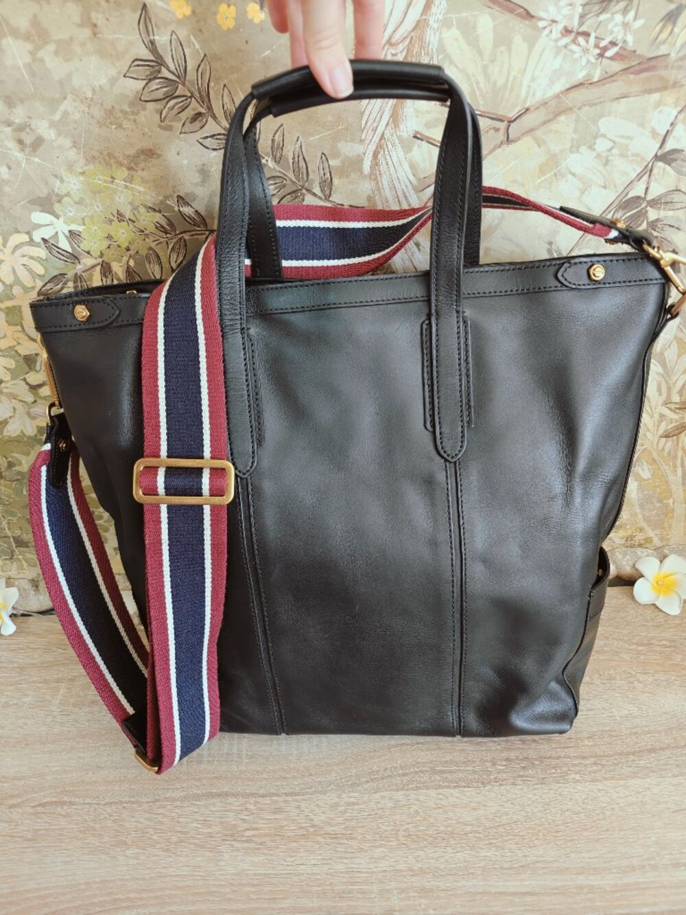 J.Crew Oar Stripe Black Leather Tote Bag Crossbody Strap K0334